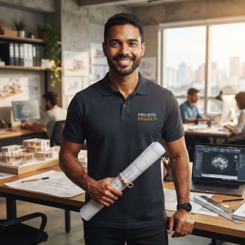 Especialista Projeto Brasil com planta técnica de área gourmet